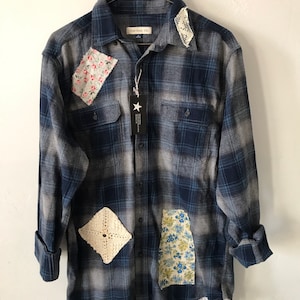 Upcycled Plaid Flannel Shirt: Vintage Fabric & Crochet Embellished (Mens Medium)