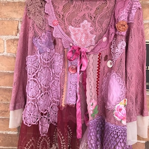 Art to Wear womens dusty Plum tattered chic jacket up cycled embellished roses old buttons doily’s size M L