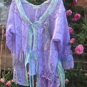 Art to Wear tattered chic womens Lace jacket  shabby cottage style reinvented lace tablecloth boho clothes size L XL