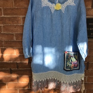 Art to Wear Boho Artsy Garden roses  theme top embellished Womens ooak art to wear linen tunic plus size 1X