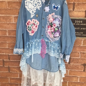 Art to Wear womens denim duster artsy OOAK tattered chic boho clothes size XL  XXL