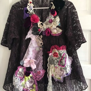 Boho Artsy Art to Wear embellished swing top jacket Womens ooak size L XL