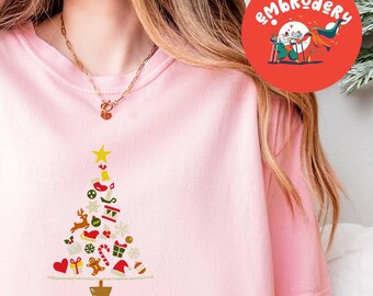 Embroidered Christmas Tree Comfort Colors Shirt, Merry & Bright Tee
