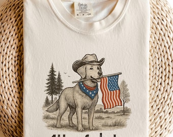 Comfort Colors 4th of July Tee, Patriotic Golden Retriever Cowboy