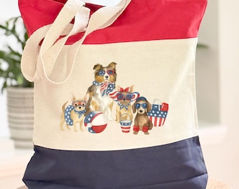 Patriotic Dog Tote Bag, 4th of July USA Canvas Tote