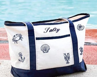 Sac cabas personnalisé de plage côtière, Sac de plage avec prénom brodé, Cadeau de vacances, Cabas d'été