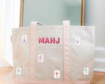 Sac cabas Mahjong brodé, cabas MAHJ personnalisé, cadeau joueur de mahjong, sac de nuit en toile, cabas Mahj Girl, cadeau amateur de carreaux