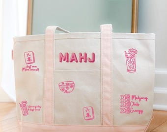 Sac fourre-tout brodé Mahjong, Sac fourre-tout en toile MAHJ, Cadeau pour club de Mahjong, Sac fourre-tout pour soirées jeux, Cadeau pour joueuse de Mahjong, Accessoire pour joueuse de Mahjong