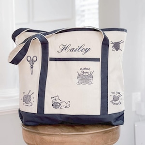 Personalized Crochet Tote Bag, Knitting Project Bag, Custom Name Canvas Tote, Yarn Lover Gift, Crochet Gift for Mom, Knitter Bag