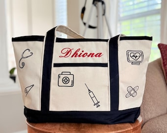 Personalized Embroidered Nurse Tote Bag, Medical Icon Print, Healthcare Graduation Gift