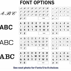 May include: A chart titled FONT OPTIONS displaying four distinct typeface styles labelled 1 through 4. Each row features uppercase and lowercase letters of the alphabet in a specific font, with a small underscore symbol at the end of each set.