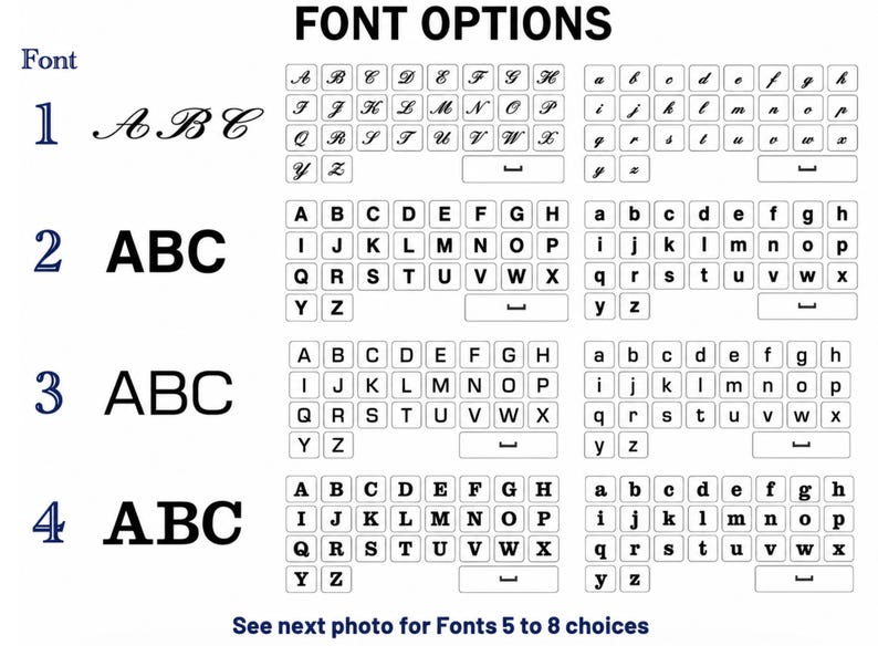 May include: A chart titled FONT OPTIONS displaying four distinct typeface styles labelled 1 through 4. Each row features uppercase and lowercase letters of the alphabet in a specific font, with a small underscore symbol at the end of each set.