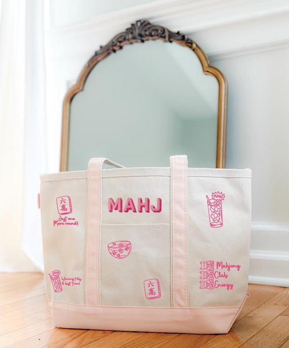 Embroidered Mahjong Tote Bag, MAHJ Canvas Tote, Mahjong Club Gift, Game Night Tote Bag, Mahjong Player Gift, Mahj Girl Accessory