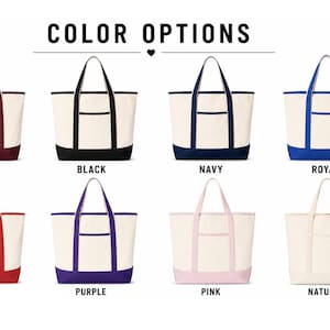 May include: Eight canvas tote bags arranged in two rows, each featuring a cream-coloured body with a coloured base, handles, and front pocket trim. The colours include maroon, black, navy, royal blue, red, purple, pink, and natural. Text reads COLOR OPTIONS.