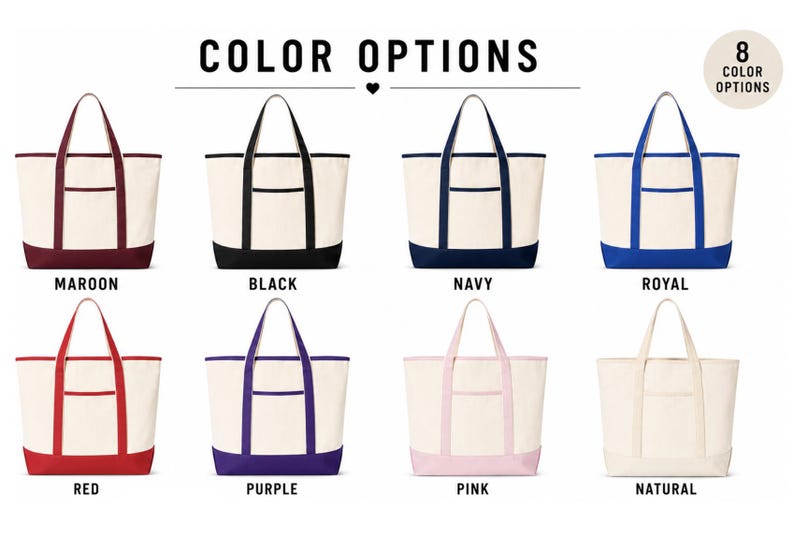 May include: Eight canvas tote bags arranged in two rows, each featuring a cream-coloured body with a coloured base, handles, and front pocket trim. The colours include maroon, black, navy, royal blue, red, purple, pink, and natural. Text reads COLOR OPTIONS.
