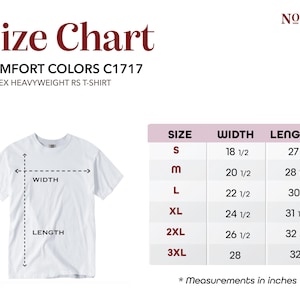 Comfort Colors C1717 unisex heavyweight t-shirt size chart with width and length measurements in inches for sizes S to 3XL. Includes a visual of a white t-shirt with measurement guides