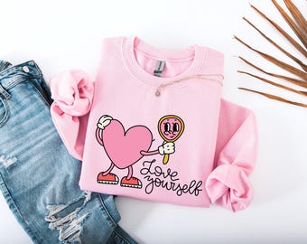 Retro Love Yourself Sweatshirt Self Love Crewneck Mental Health Sweatshirt Retro Heart Sweatshirt Love Gift Oversized Sweatshirt