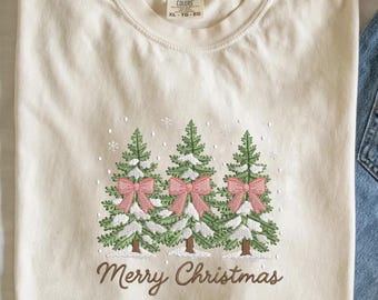 Merry Christmas Embroidered Comfort Colors Shirt, Holiday Tee with Christmas Trees & Bows, Christmas Tree Shirt