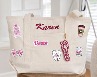 Sac fourre-tout personnalisé pour dentiste, sac fourre-tout en toile avec prénom brodé, cadeau hygiéniste dentaire, sac dentaire personnalisé, cadeau assistant dentaire