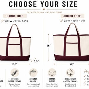 May include: A size comparison chart for two canvas tote bags with maroon bottoms and handles. The Large Tote measures 18.5 inches wide by 12 inches high by 5.5 inches deep. The Jumbo Tote measures 22 inches wide by 16 inches high by 6 inches deep.