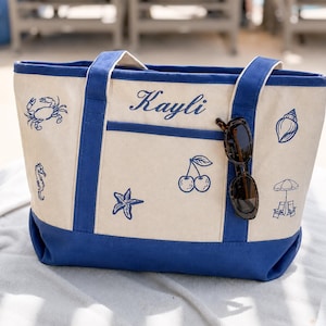 Custom Text Embroidered Beach Tote Bag, Personalized Coastal Canvas Bag, Custom Icons & Text Tote Bag, Personalized Bridesmaid Bag