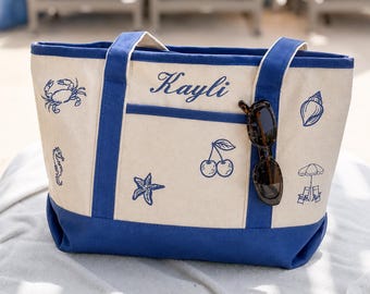 Custom Text Embroidered Beach Tote Bag, Personalized Coastal Canvas Bag, Custom Icons & Text Tote Bag, Personalized Bridesmaid Bag