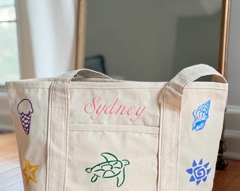 Sac de plage brodé avec nom personnalisé, Sac de plage fourre-tout personnalisé, Sac fourre-tout en toile style bord de mer, Sac de vacances d'été