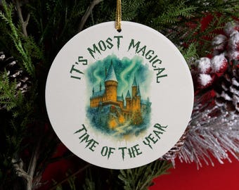 Adorno navideño de castillo de fantasía, recuerdo navideño de mago