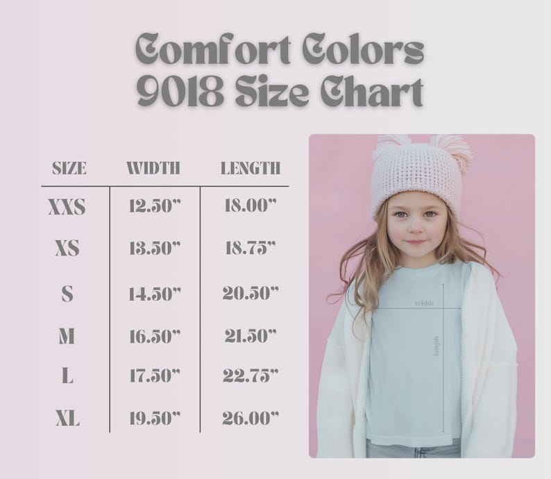 Puede incluir: Tabla de tallas para ropa Comfort Colors 9018, con medidas en pulgadas. La tabla incluye tallas XXS a XL, con las dimensiones correspondientes de ancho y largo. Una ni&ntilde;a peque&ntilde;a lleva una camiseta azul claro y un gorro de punto blanco.