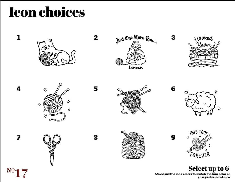 May include: A grid of nine black and white line art icons labelled Icon choices and No 17. Designs include a cat with yarn, a person knitting with text Just One More Row I swear, a yarn basket, yarn with needles, knitting, a sheep, scissors, and a heart.