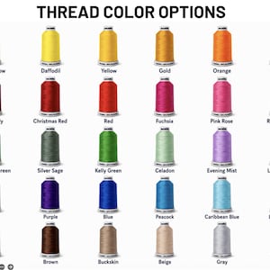 May include: A grid of thirty spools of embroidery thread arranged in five rows and six columns. Each spool is labelled with a colour name including Light Yellow, Daffodil, Yellow, Gold, Orange, Pumpkin, Burgundy, Christmas Red, Red, Fuchsia, Pink Rose, Rustic Pink, Christmas Green, Silver Sage, Kelly Green, Celadon, Evening Mist, Light Coral, Navy, Purple, Blue, Peacock, Caribbean Blue, Limestone, Black, Brown, Buckskin, Beige, Gray, and White.