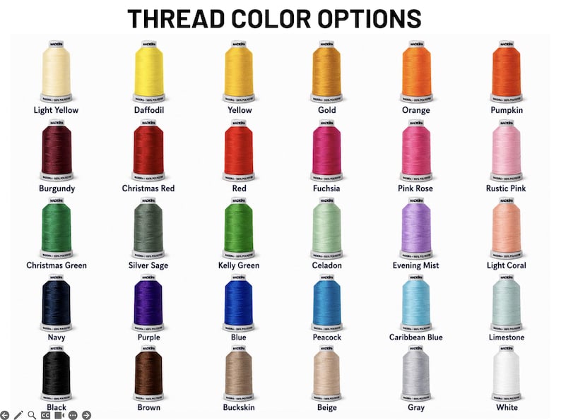 May include: A grid of thirty spools of embroidery thread arranged in five rows and six columns. Each spool is labelled with a colour name including Light Yellow, Daffodil, Yellow, Gold, Orange, Pumpkin, Burgundy, Christmas Red, Red, Fuchsia, Pink Rose, Rustic Pink, Christmas Green, Silver Sage, Kelly Green, Celadon, Evening Mist, Light Coral, Navy, Purple, Blue, Peacock, Caribbean Blue, Limestone, Black, Brown, Buckskin, Beige, Gray, and White.
