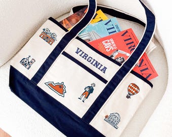 Sac cabas Virginia brodé, sac de voyage en toile, cadeau State Pride, cabas Charlottesville et icônes de la Virginie, grand sac utilitaire personnalisé