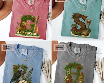 Christmas Wizard House Letter Shirt, Comfort Colors Holiday Magic Tee, Wizard School Holiday Shirt, Fantasy Book Lover Gift, Christmas Gift
