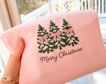 Merry Christmas Embroidered Sweatshirt – Holiday Crewneck with Christmas Trees & Bows, Christmas Tree Embroidery Gift
