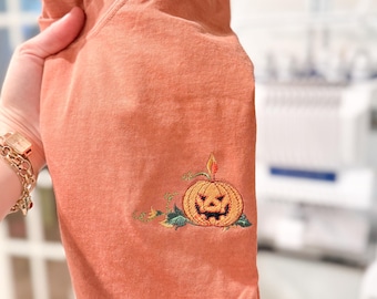 Embroidered Halloween Pumpkin Comfort Colors Shirt, Spooky Fall Tee