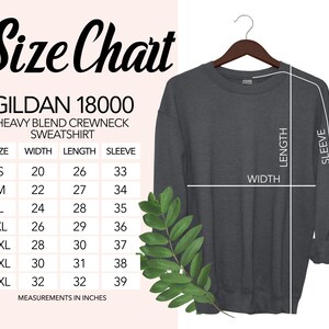 以下が含まれることがあります： Gildan 18000 ヘビーブレンドクルーネック スウェットシャツのサイズチャート。チャートは、サイズ S から 4XL までの幅、長さ、袖丈の寸法をインチで示しています。