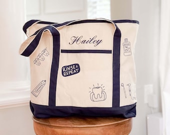 Personalized Dentist Tote Bag, Embroidered Name, Dental Icon Print