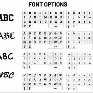 May include: A chart titled FONT OPTIONS displaying four distinct typeface styles labelled 5, 6, 7, and 8. Each row features the letters A through Z in both uppercase and lowercase, presented in black ink on a white background for clear comparison.