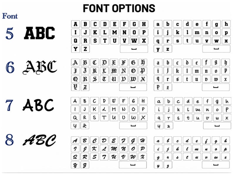 May include: A chart titled FONT OPTIONS displaying four distinct typeface styles labelled 5, 6, 7, and 8. Each row features the letters A through Z in both uppercase and lowercase, presented in black ink on a white background for clear comparison.