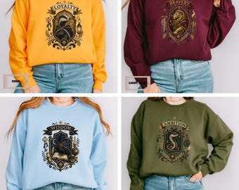Sweat-shirt inspiré de Harry Potter, pull col rond École des Sorciers, cadeau pour les amoureux des livres, sweat-shirt style Dark Academia, pull à blason magique