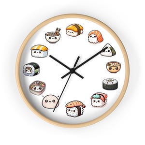 May include: A white round wall clock with a wooden frame features a variety of cute cartoon sushi and Japanese food designs. The clock hands are black and the clock face is white.