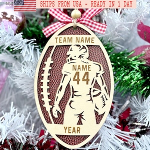 Custom Football Ornament – Personalized Player Name, Jersey Number & Team – Wood Christmas Gift for Coach, Player, Fan or Sports Lover