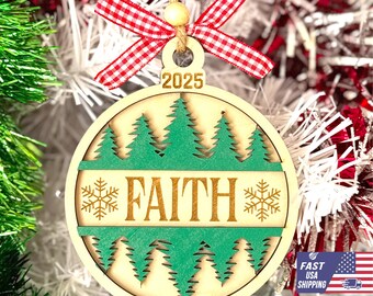 Adorno navideño Faith 2025 – Recuerdo navideño rústico de madera