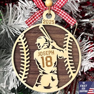 Personalized Engraved Wood Baseball Ornament – Custom Sports Keepsake with Name, Number and Year, Unique Christmas Decoration Gift