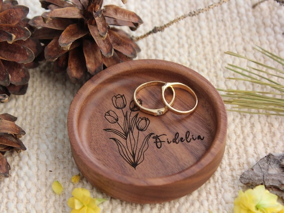 Personalized Wooden Ring Dish: Engraved Floral Wedding Ring Holder