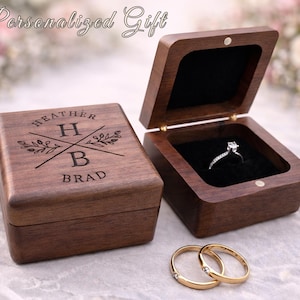 Engagement Ring Box, Personalized Walnut Holder, Custom Engraved Proposal Gift, Wedding Ring Bearer Keepsake