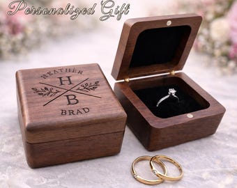 Engagement Ring Box, Personalized Walnut Holder, Custom Engraved Proposal Gift, Wedding Ring Bearer Keepsake