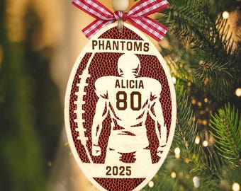 Personalized Wooden Football Ornament – Team Name, Jersey Number, 2025