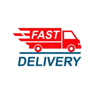 May include: Red delivery truck with the word "FAST" on the side, speeding with a blue line underneath and the word "DELIVERY" in blue letters.